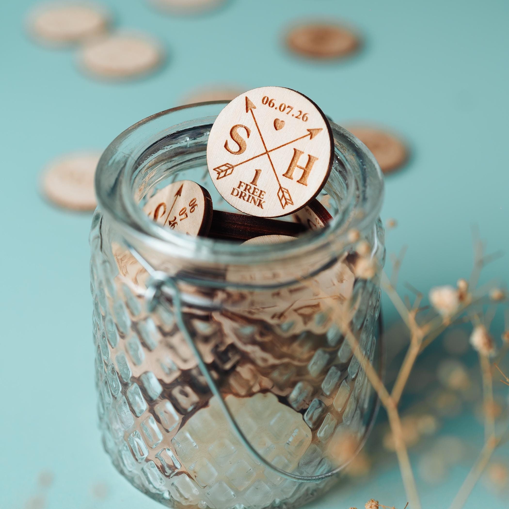 Personalized Wooden Drink Tokens for Wedding & Parties | JNSDec139