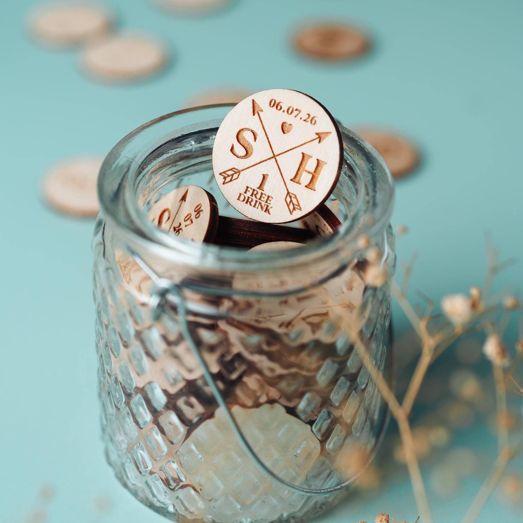 Personalized Wooden Drink Tokens for Wedding & Parties | JNSDec139