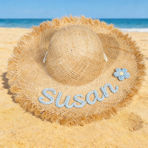 Personalized Hand Embroidered Straw Floppy Sun Hat for Unique & Love | JNSHat13