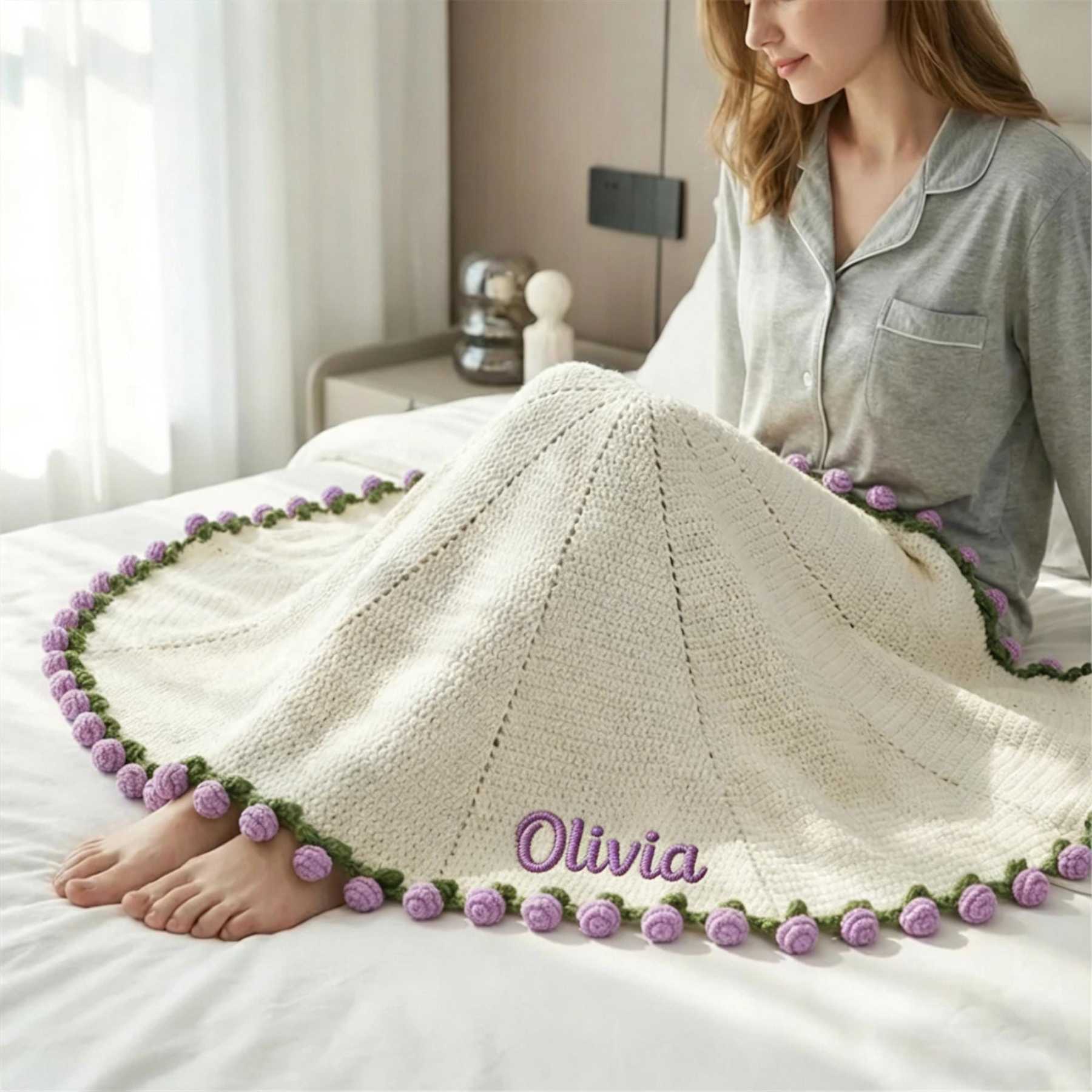 Personalized Embroidered Crochet Rose Bouquet Blanket For Unique & Love | JNSDec201