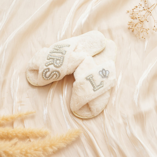 Personalized Bride Gift Pearls Rhinestone Fluffy Slippers for Unique & Love | JNSCloth10