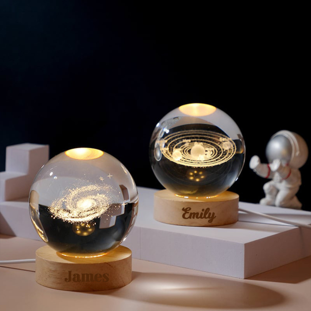Personalized Engraved 3D Crystal Ball Night Light With Wood Base | JNSDec75