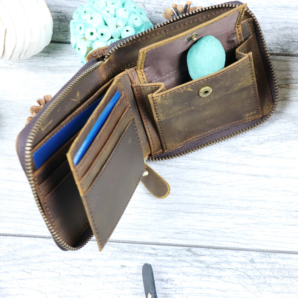 Personalized Monogram Engraving Zipper Genuine Leather Wallet | JNSBag82