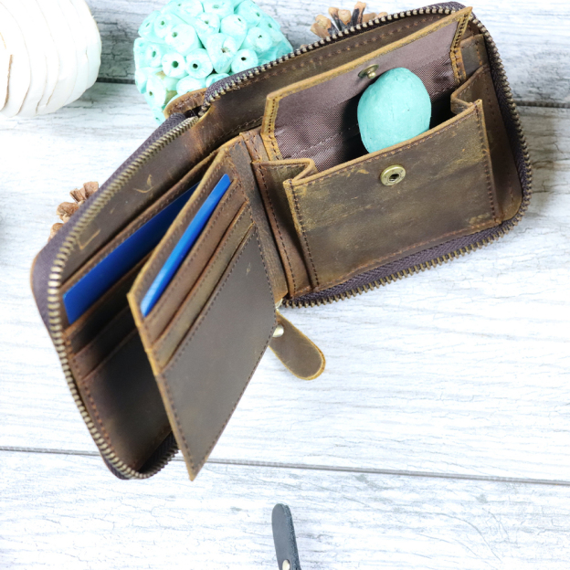 Personalized Monogram Engraving Zipper Genuine Leather Wallet | JNSBag82