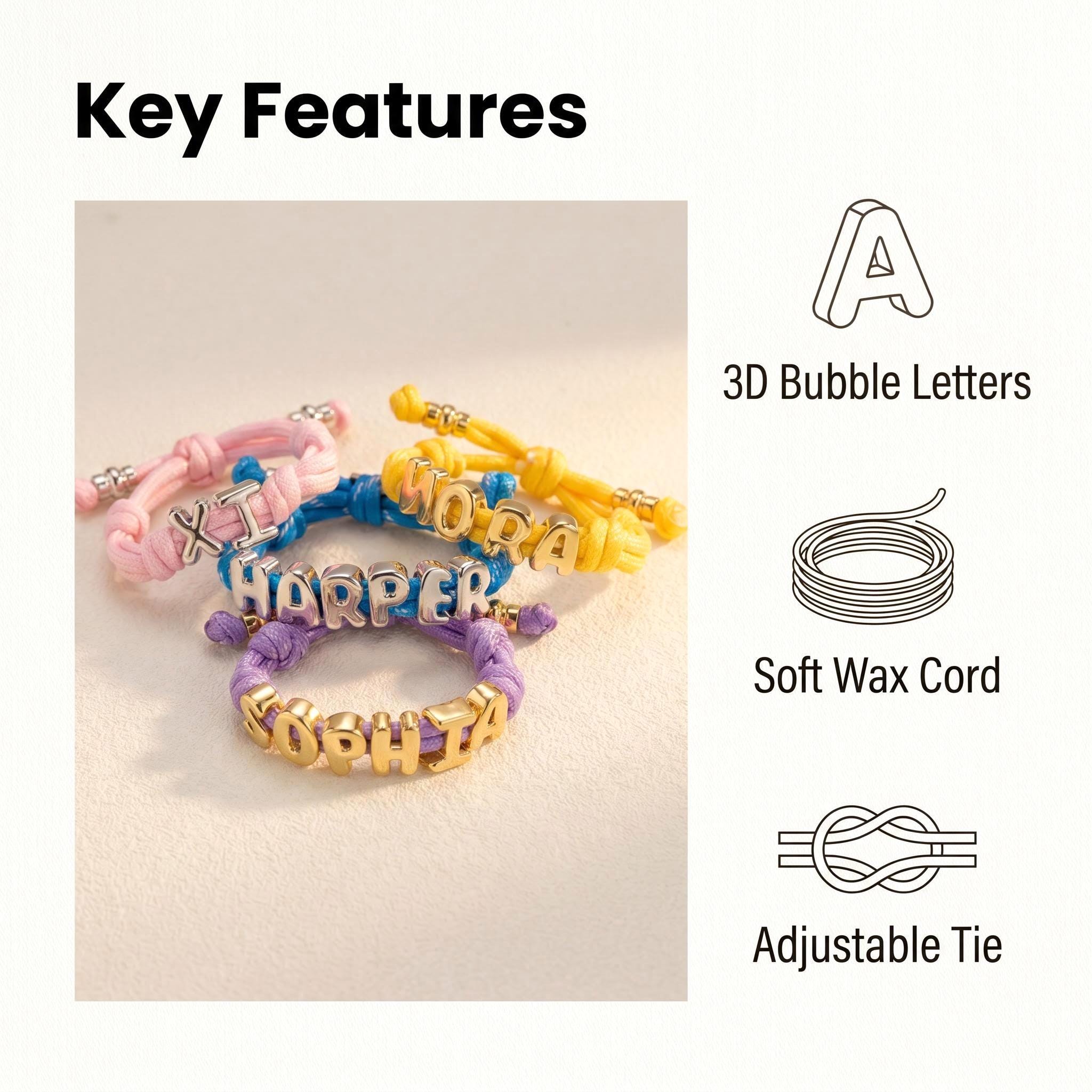 Personalized Bubble Letter Rope Bracelet With Adjustable Knot for Unique and Love | JNSDec221