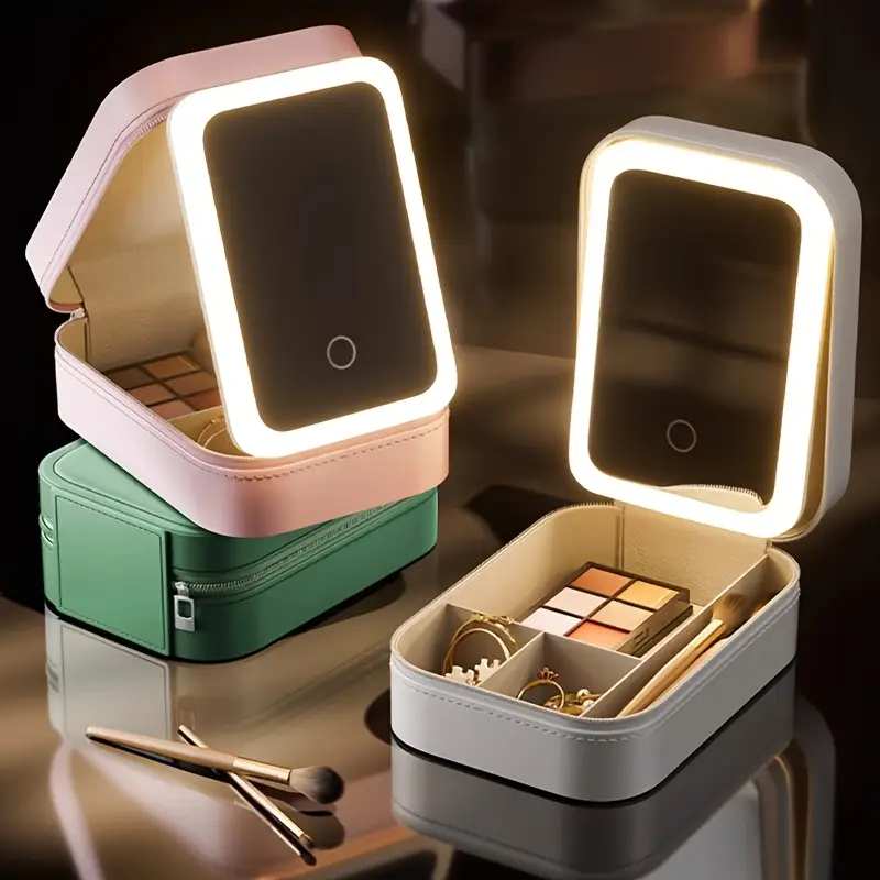 Personalized Birth Flower Leather Travel Jewelry Box with LED Makeup Mirror | JNSBag76