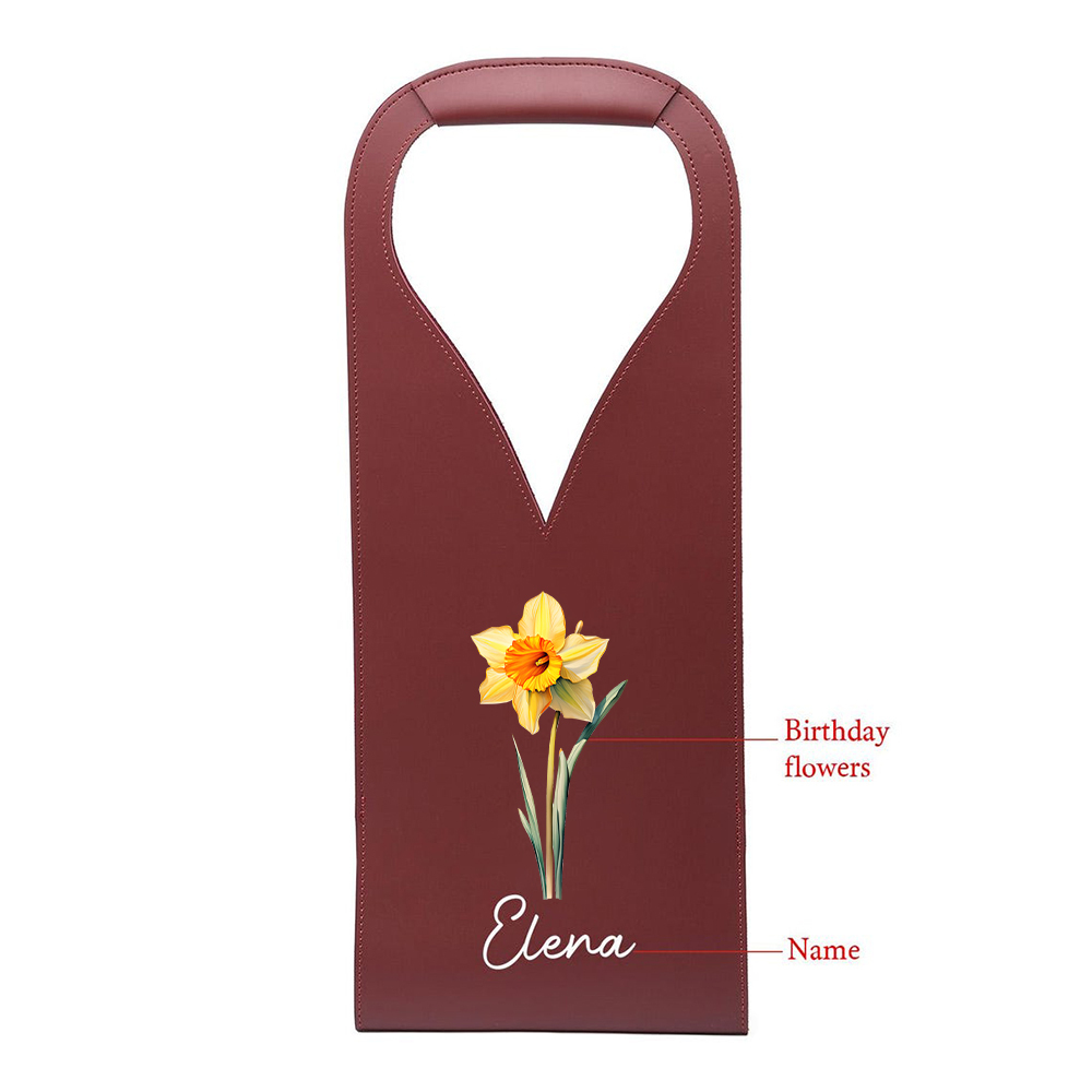 Personalized Leather Birth Flower Wine Tote Bag | JNSBag63