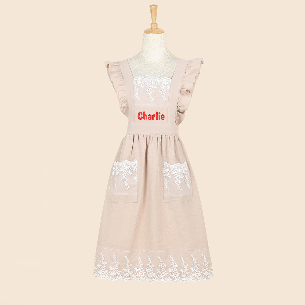 Personalized Name Embroidered Apron with Lace Pockets | JNSCloth43