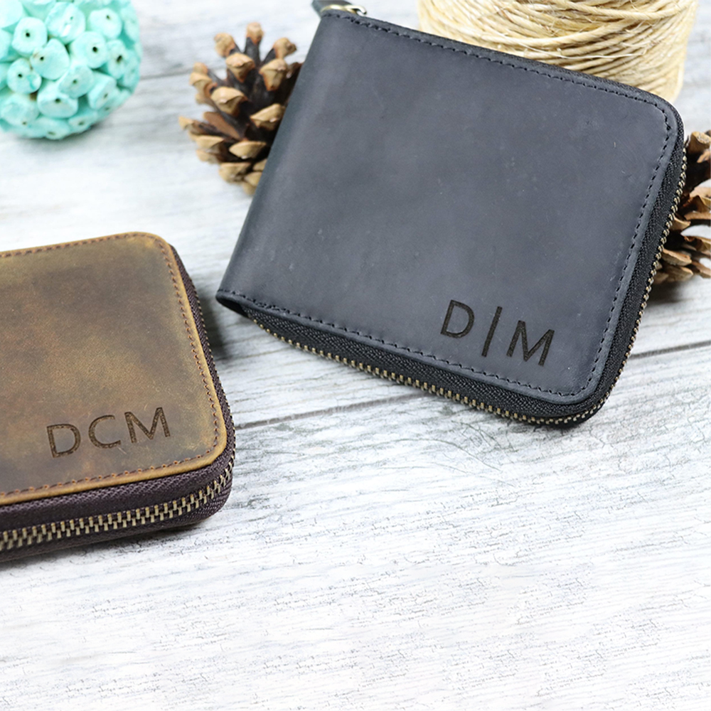 Personalized Monogram Engraving Zipper Genuine Leather Wallet | JNSBag82