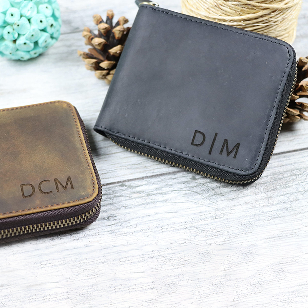 Personalized Monogram Engraving Zipper Genuine Leather Wallet | JNSBag82