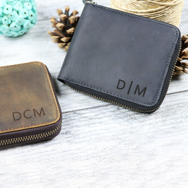 Personalized Monogram Engraving Zipper Genuine Leather Wallet | JNSBag82