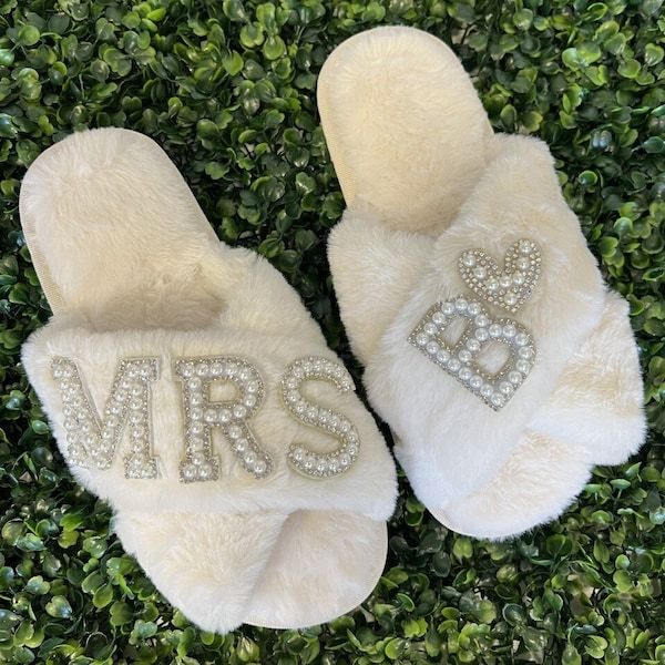 Personalized Bride Gift Pearls Rhinestone Fluffy Slippers for Unique & Love | JNSCloth10