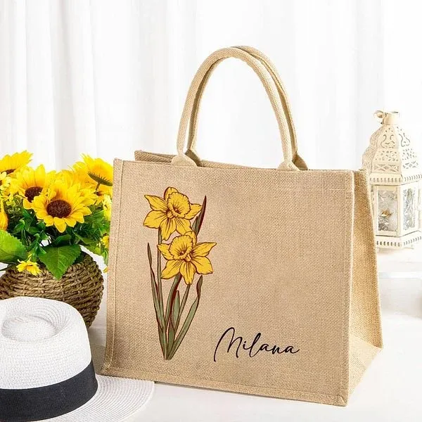 Personalized Birth Flower Beach Jute Tote Bag with Name for Unique & Love | JNSBag26