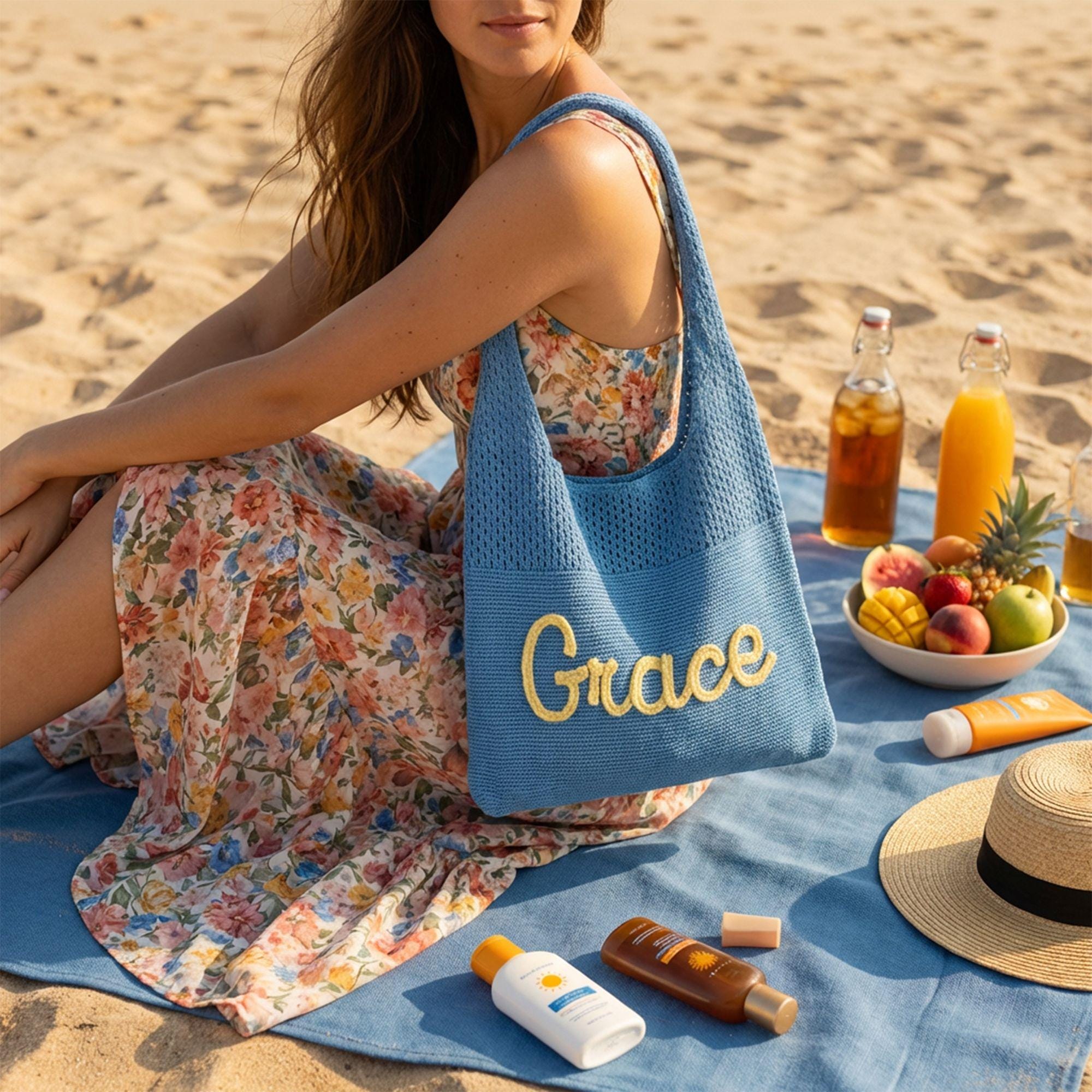 Personalized Hand Embroidered Knit Beach Bag for Unique & Love | JNSBag129
