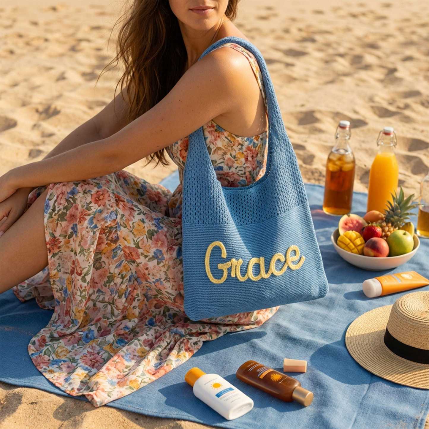 Personalized Hand Embroidered Knit Beach Bag for Unique & Love | JNSBag129