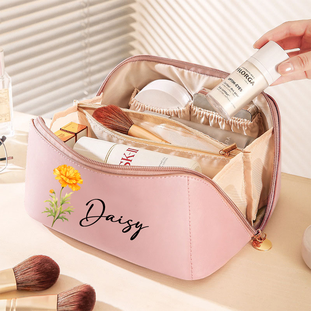 Personalized Birth Flower Leather Makeup Bag for Unique & Love | JNSBag88
