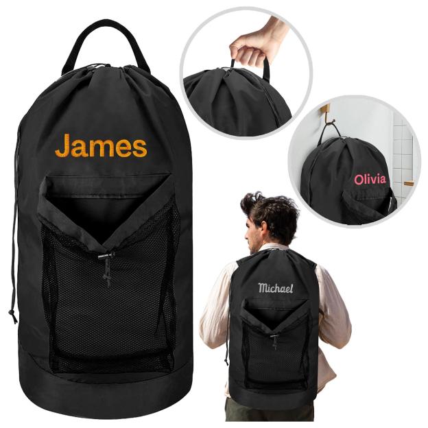Personalized Name Embroidered Travel Laundry Bag with Shoulder Strap & Mesh Pocket | JNSBag99