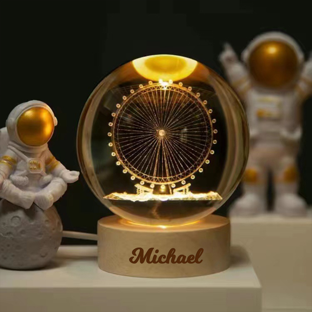 Personalized Engraved 3D Crystal Ball Night Light With Wood Base | JNSDec75