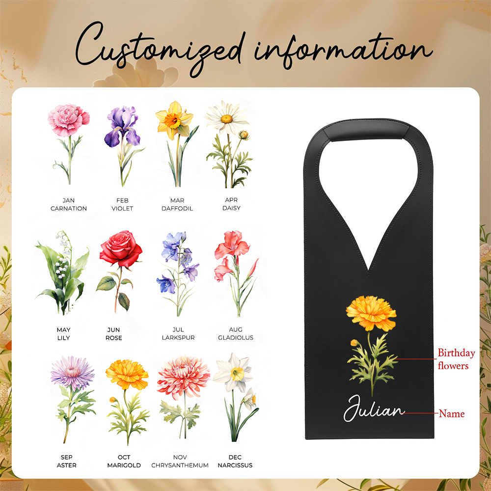 Personalized Leather Birth Flower Wine Tote Bag | JNSBag63