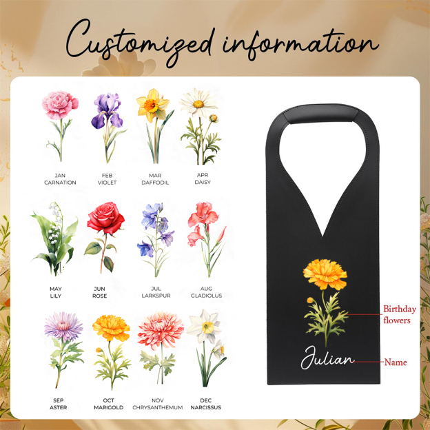 Personalized Leather Birth Flower Wine Tote Bag | JNSBag63