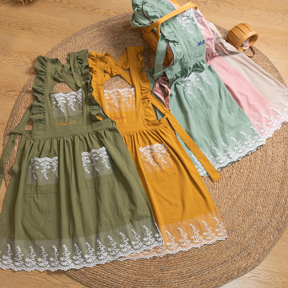 Personalized Name Embroidered Apron with Lace Pockets | JNSCloth43