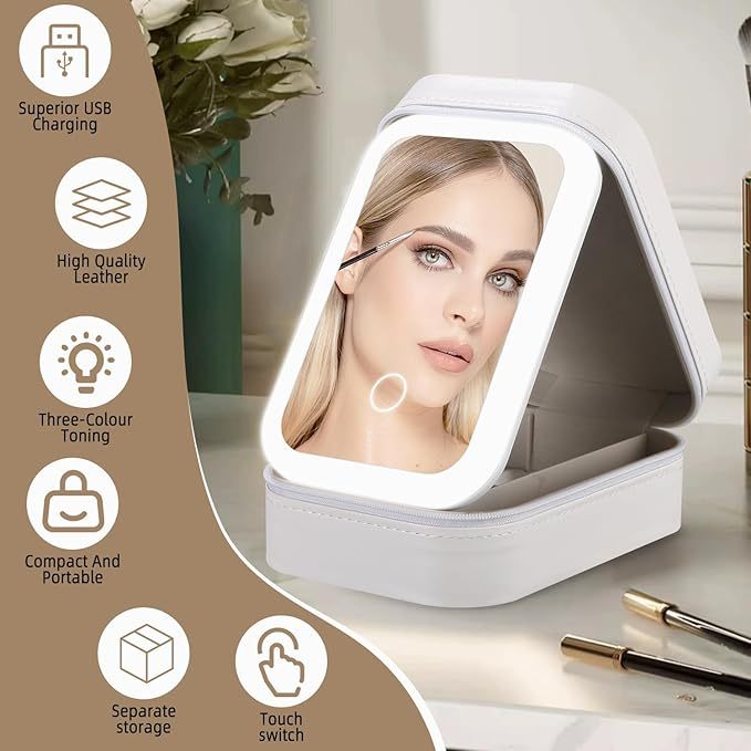 Personalized Birth Flower Leather Travel Jewelry Box with LED Makeup Mirror | JNSBag76