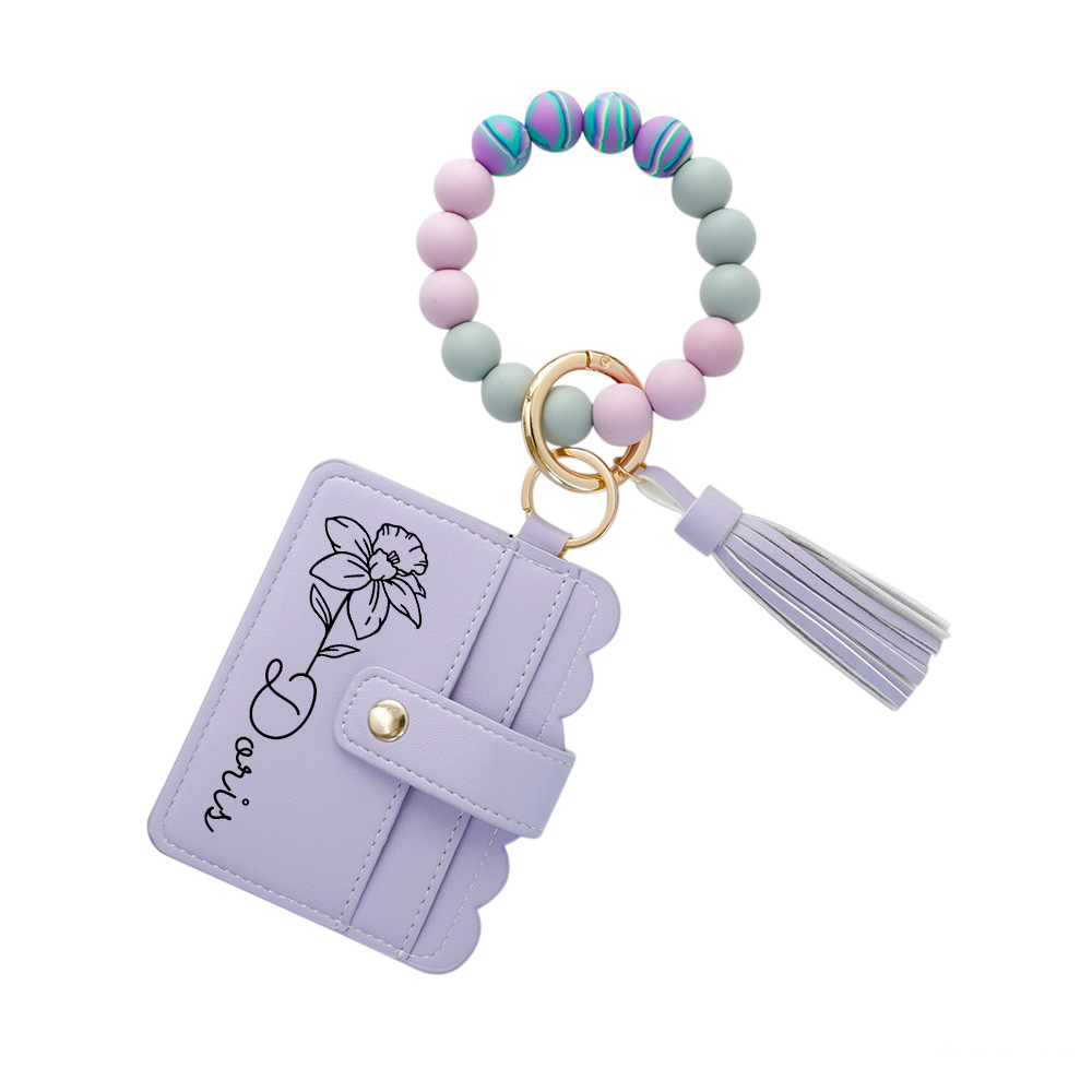 Personalized Birth Flower Keychain Leather Wallet with Beaded Bracelet for Unique & Love | JNSBag89