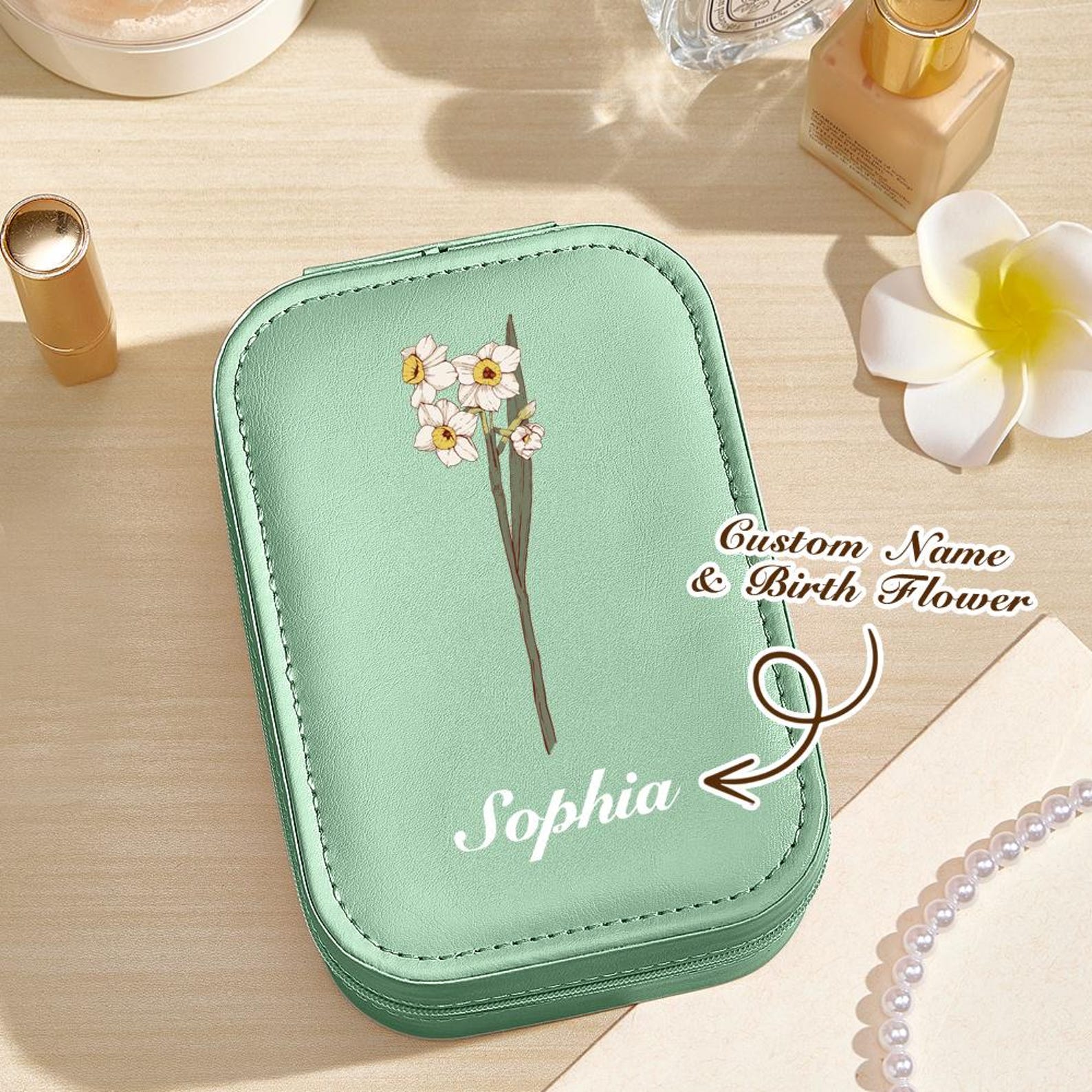 Personalized Birth Flower Leather Travel Jewelry Box with LED Makeup Mirror | JNSBag76