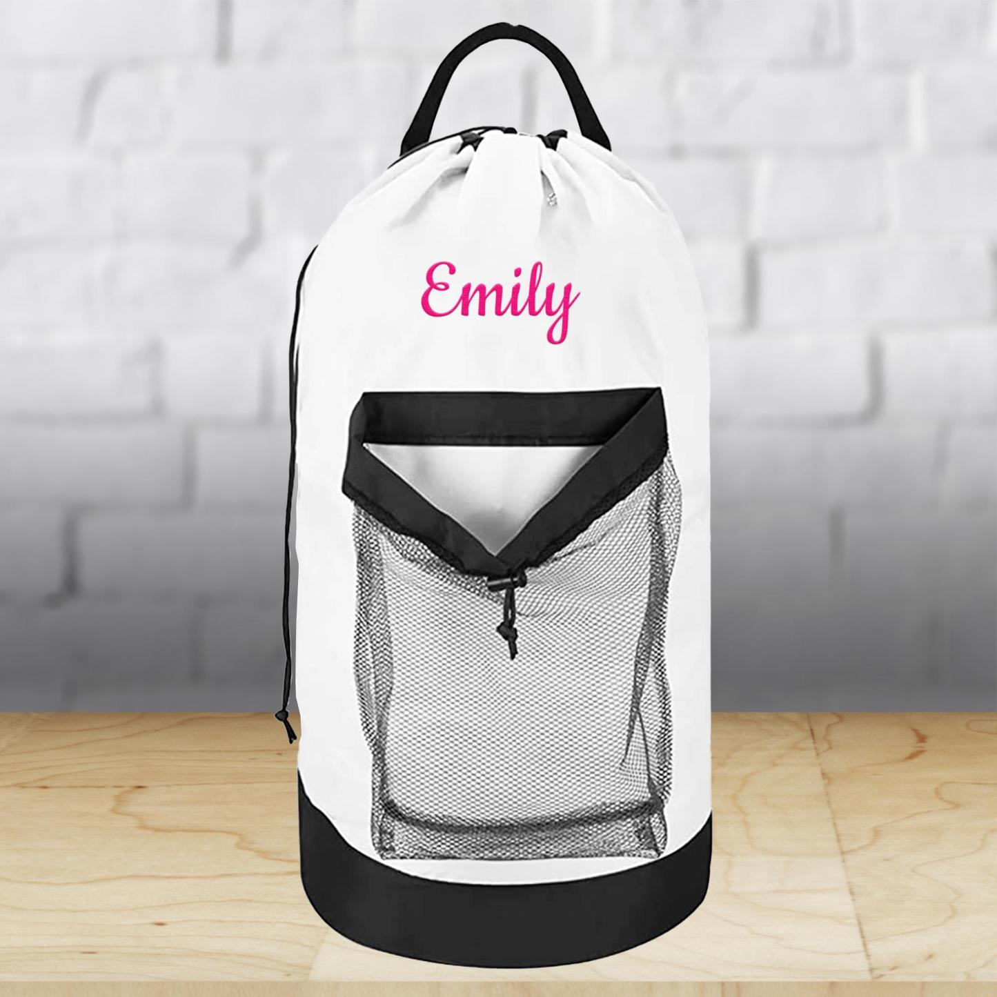 Personalized Name Embroidered Travel Laundry Bag with Shoulder Strap & Mesh Pocket | JNSBag99
