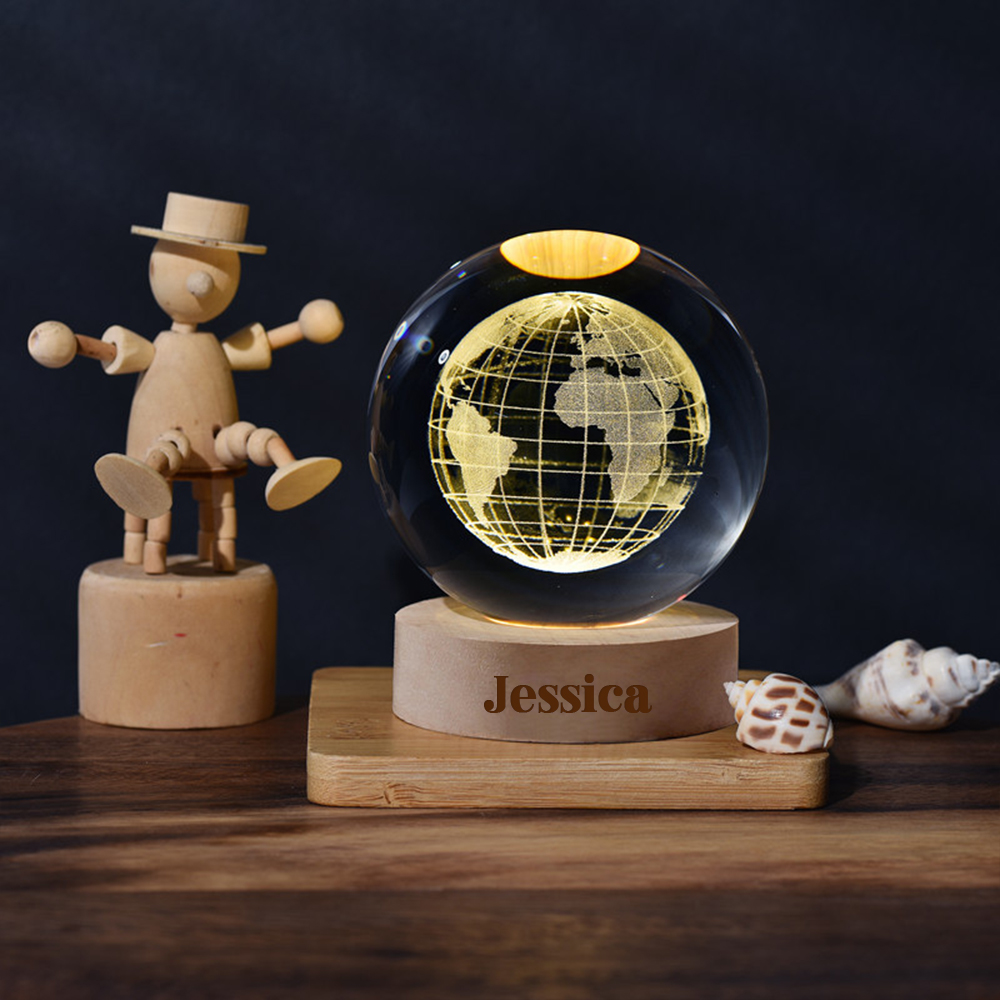 Personalized Engraved 3D Crystal Ball Night Light With Wood Base | JNSDec75
