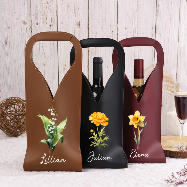 Personalized Leather Birth Flower Wine Tote Bag | JNSBag63