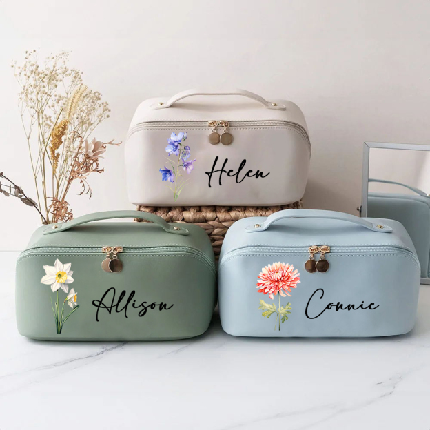 Personalized Birth Flower Leather Makeup Bag for Unique & Love | JNSBag88