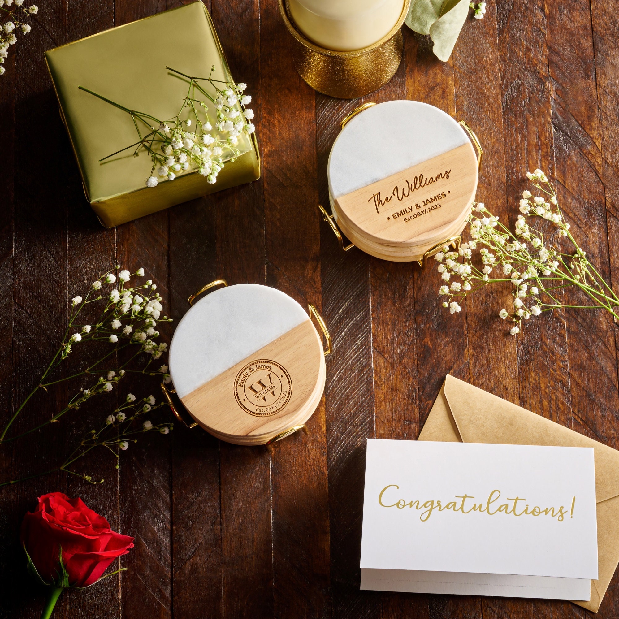Personalized Engraved Marble Wood Coasters for Unique & Love | JNSDec04