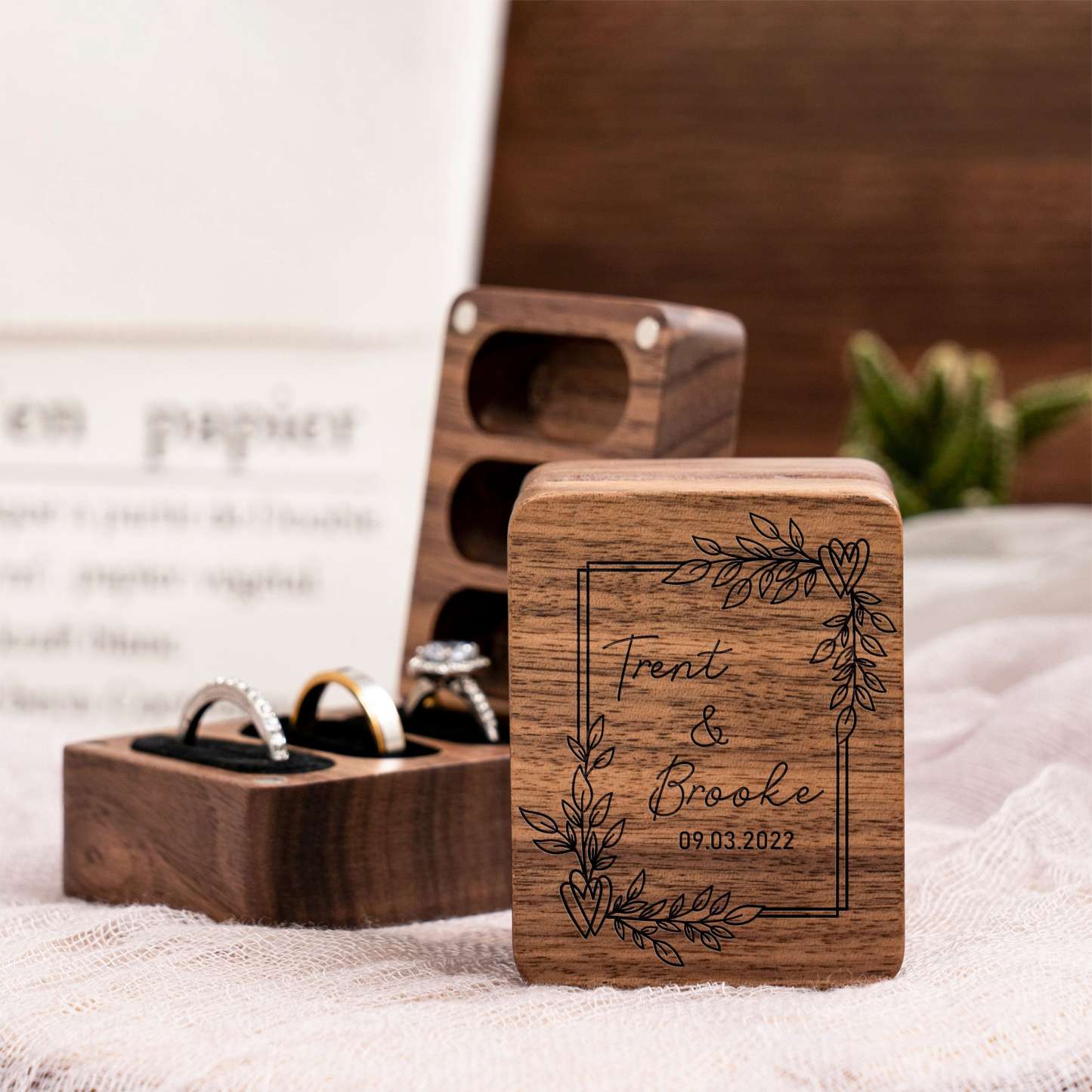 Personalized Triple Slots Wedding Ring Box for Unique & Love | JNSDec39