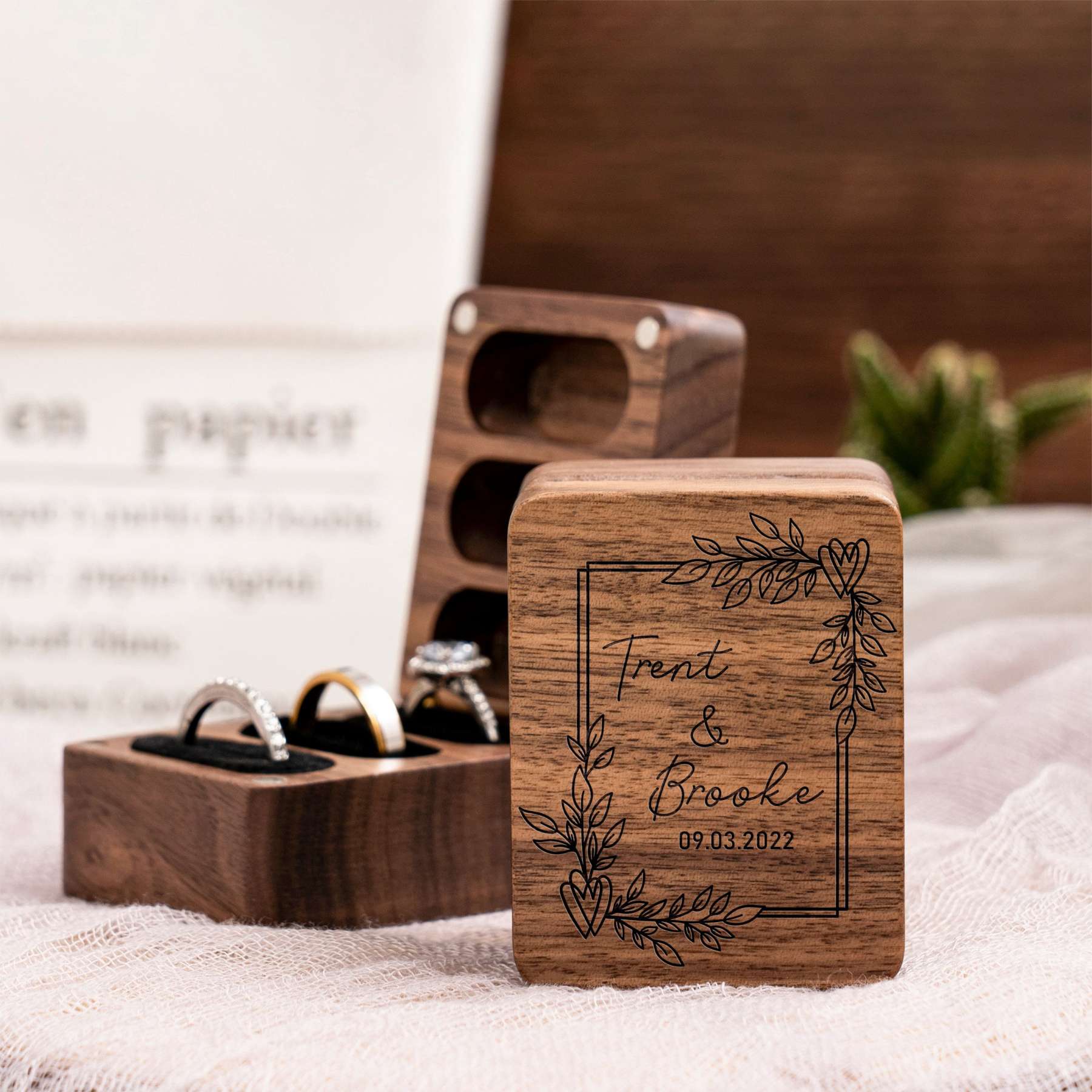 Personalized Triple Slots Wedding Ring Box for Unique & Love | JNSDec39