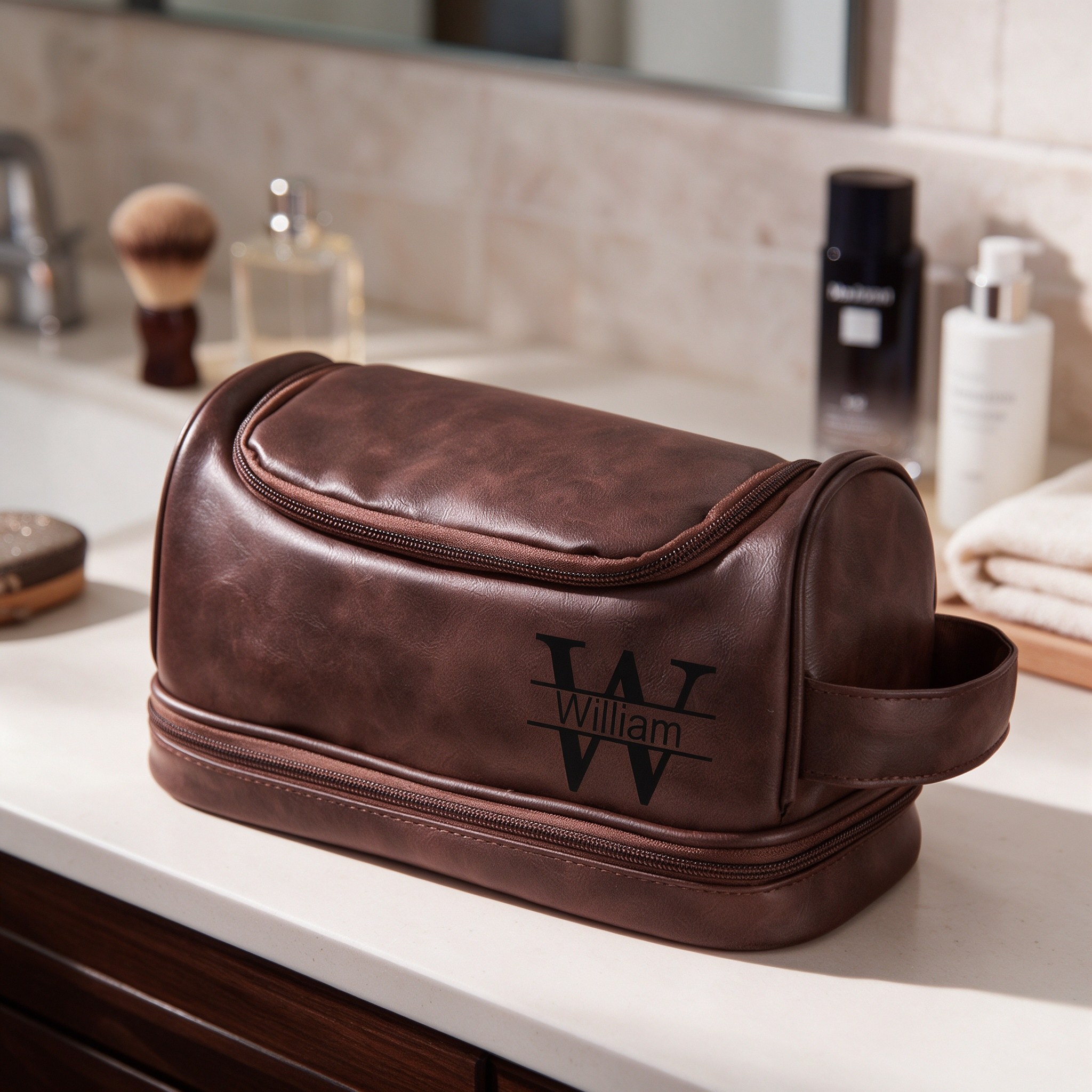 Personalized Leather Monogram Engraved Wash Bag for Unique & Love | JNSBag07