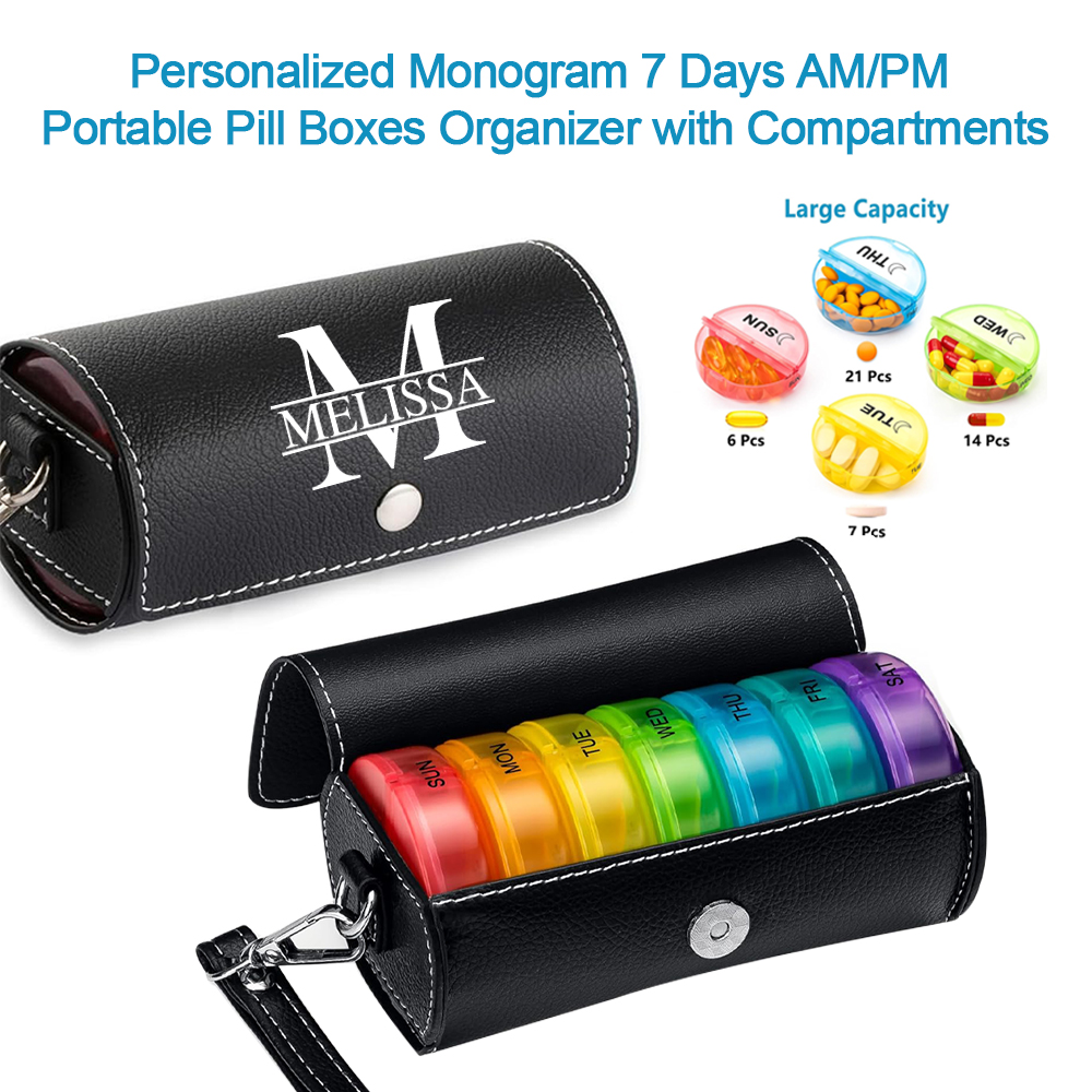 Personalized Monogram 7 Days AM/PM Portable Pill Boxes Organizer with Compartments | JNSDec164
