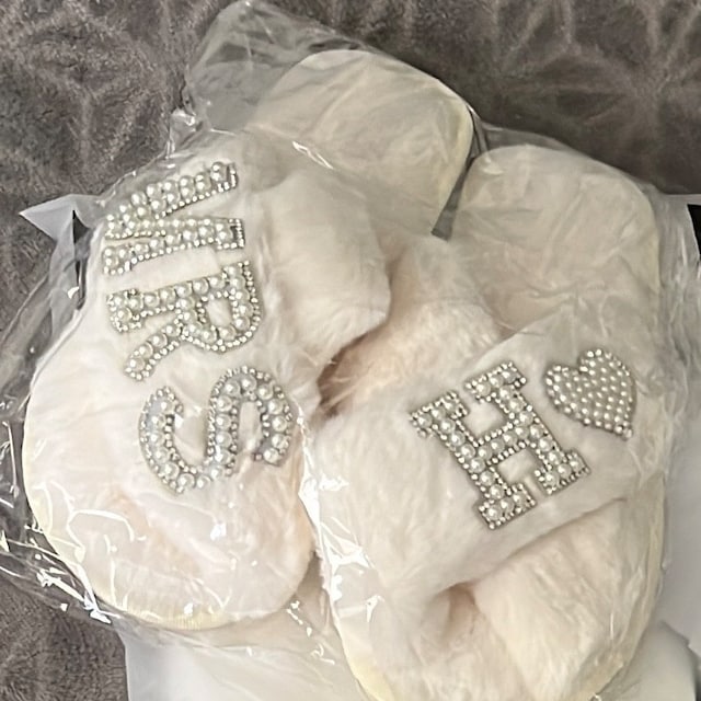 Personalized Bride Gift Pearls Rhinestone Fluffy Slippers for Unique & Love | JNSCloth10