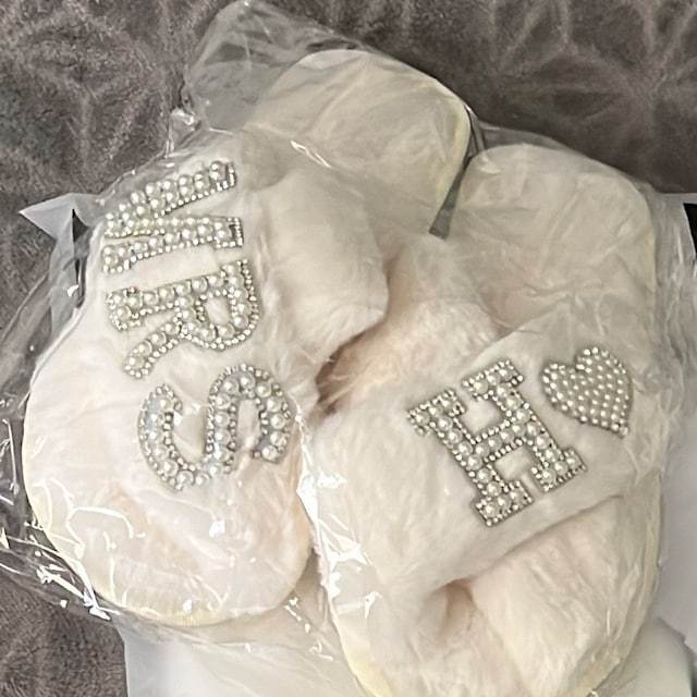 Personalized Bride Gift Pearls Rhinestone Fluffy Slippers for Unique & Love | JNSCloth10