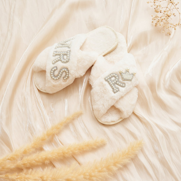 Personalized Bride Gift Pearls Rhinestone Fluffy Slippers for Unique & Love | JNSCloth10