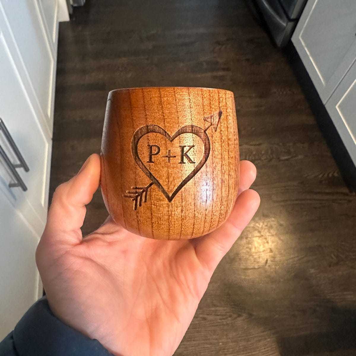 Personalized Valentine's Day Couple Initials Heart Arrow Engraved Wood Cup | JNSBottle05