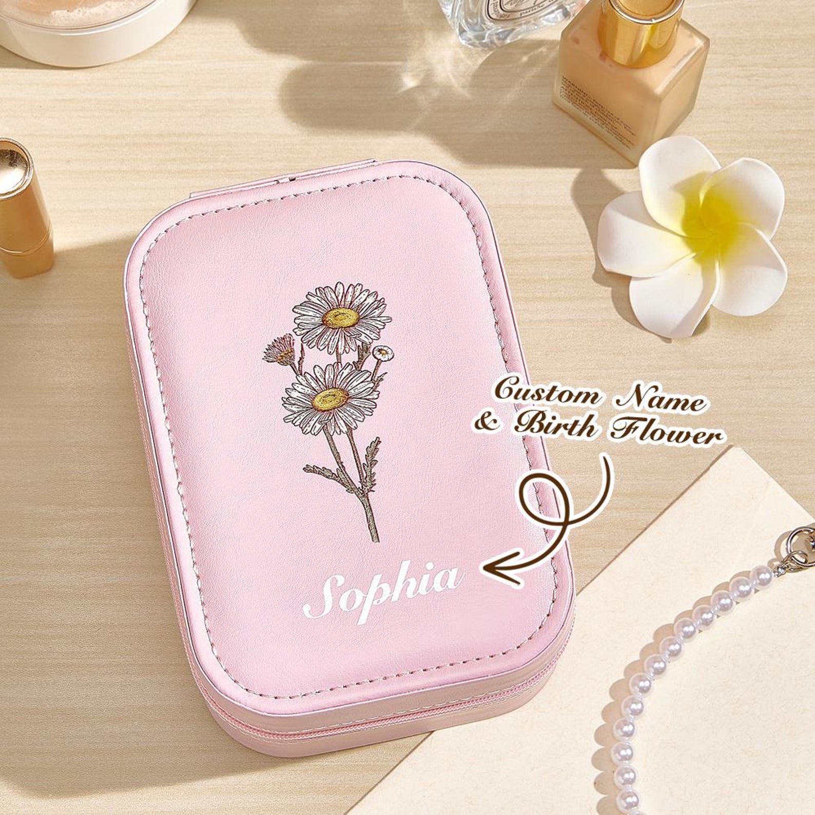Personalized Birth Flower Leather Travel Jewelry Box with LED Makeup Mirror | JNSBag76