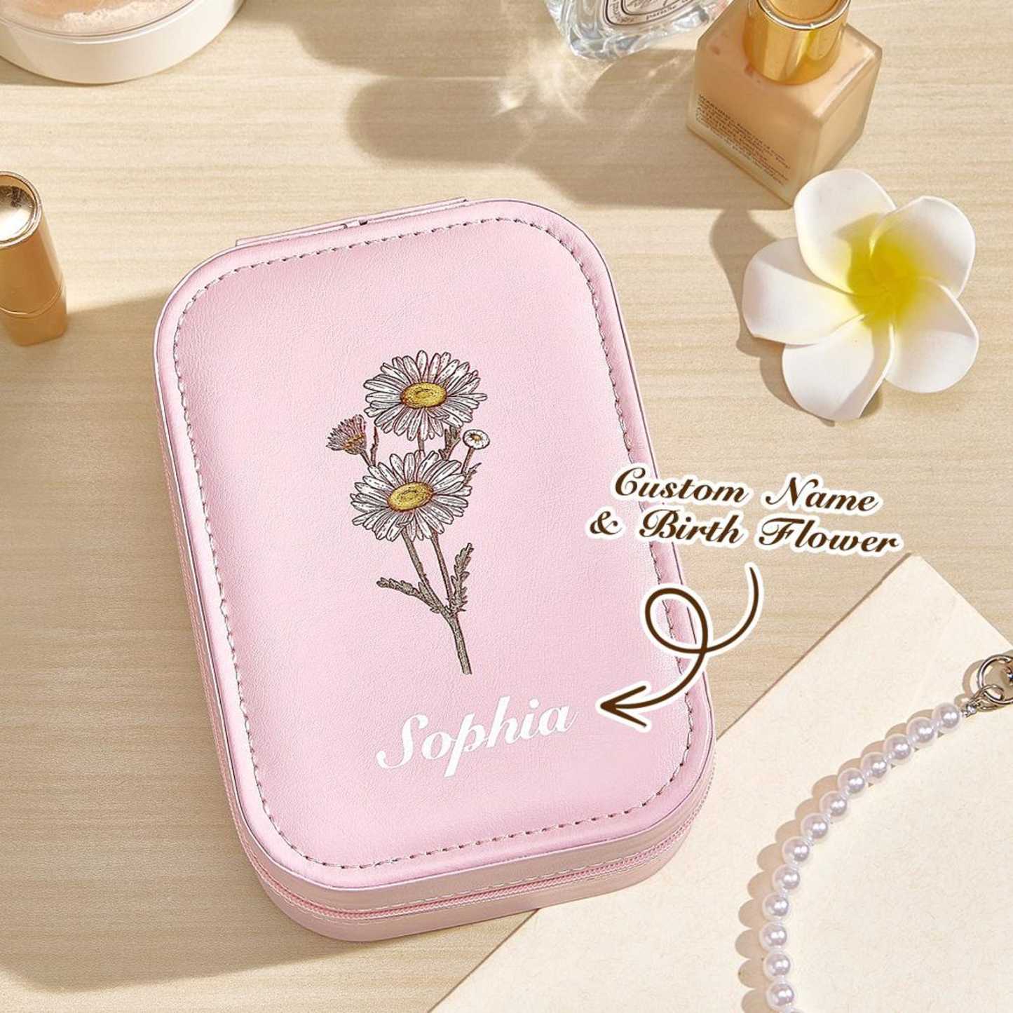 Personalized Birth Flower Leather Travel Jewelry Box with LED Makeup M