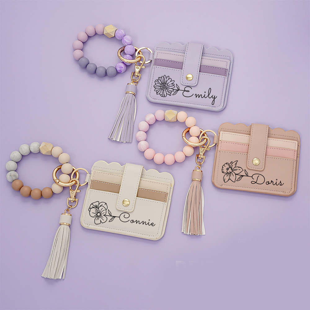 Personalized Birth Flower Keychain Leather Wallet with Beaded Bracelet for Unique & Love | JNSBag89