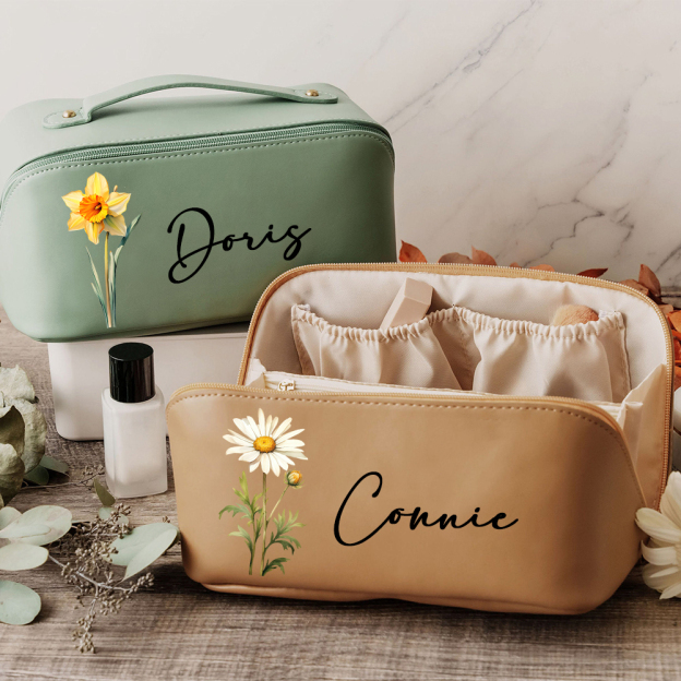 Personalized Birth Flower Leather Makeup Bag for Unique & Love | JNSBag88