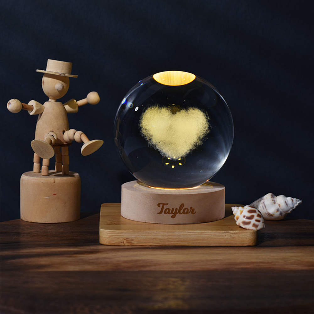 Personalized Engraved 3D Crystal Ball Night Light With Wood Base | JNSDec75