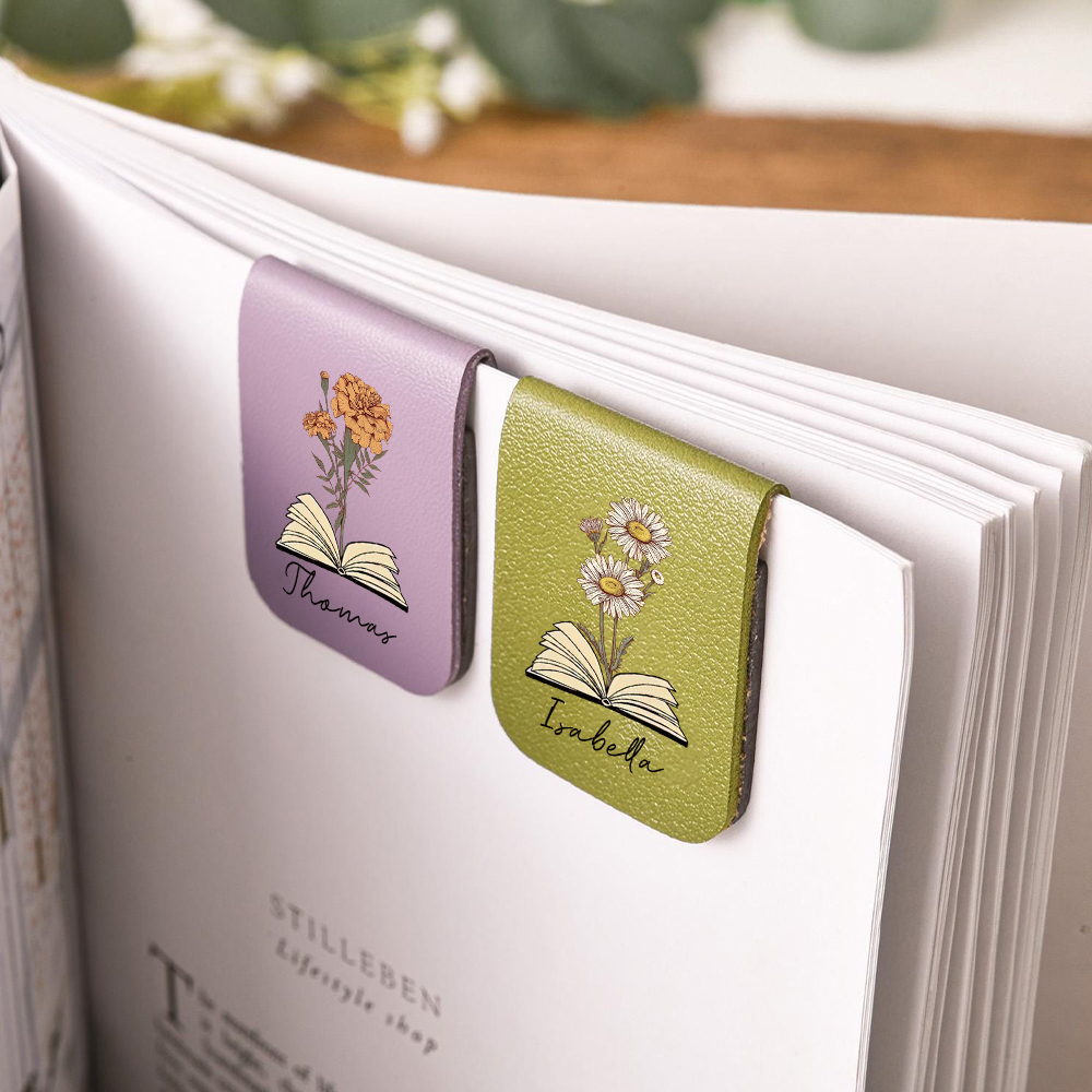 Personalized Leather Birth Flower Magnetic Bookmark | JNSDec120
