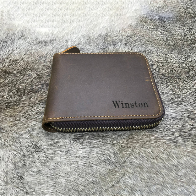 Personalized Monogram Engraving Zipper Genuine Leather Wallet | JNSBag82