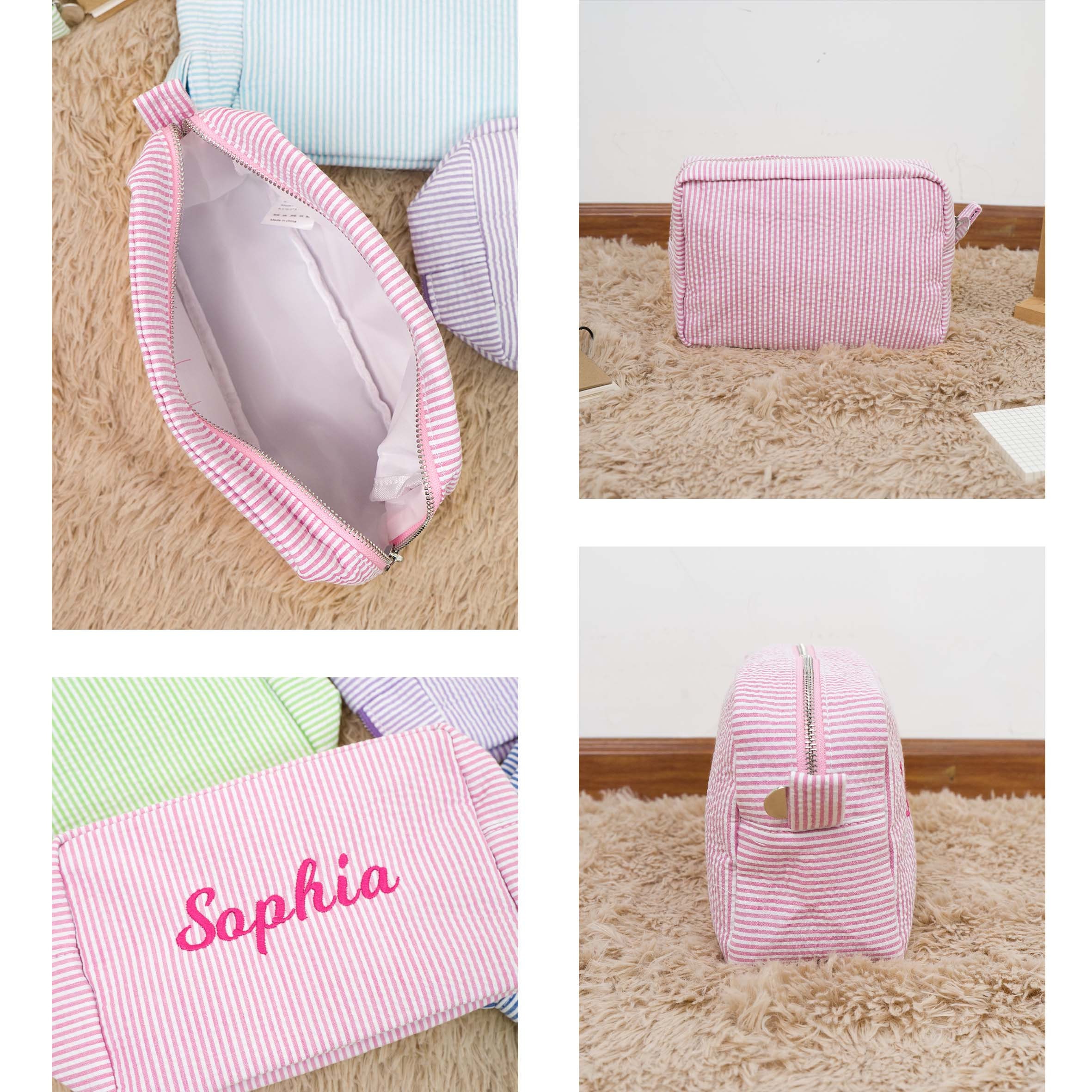 Personalized Embroidered Seersucker Cosmetic Bag | JNSBag67