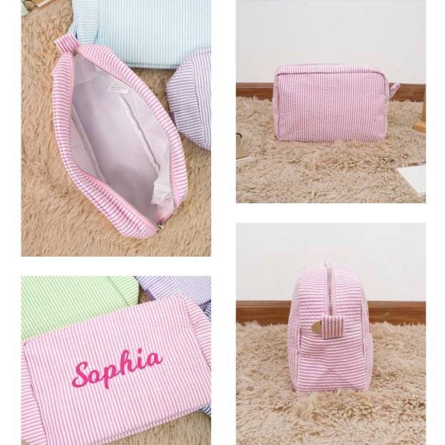 Personalized Embroidered Seersucker Cosmetic Bag | JNSBag67